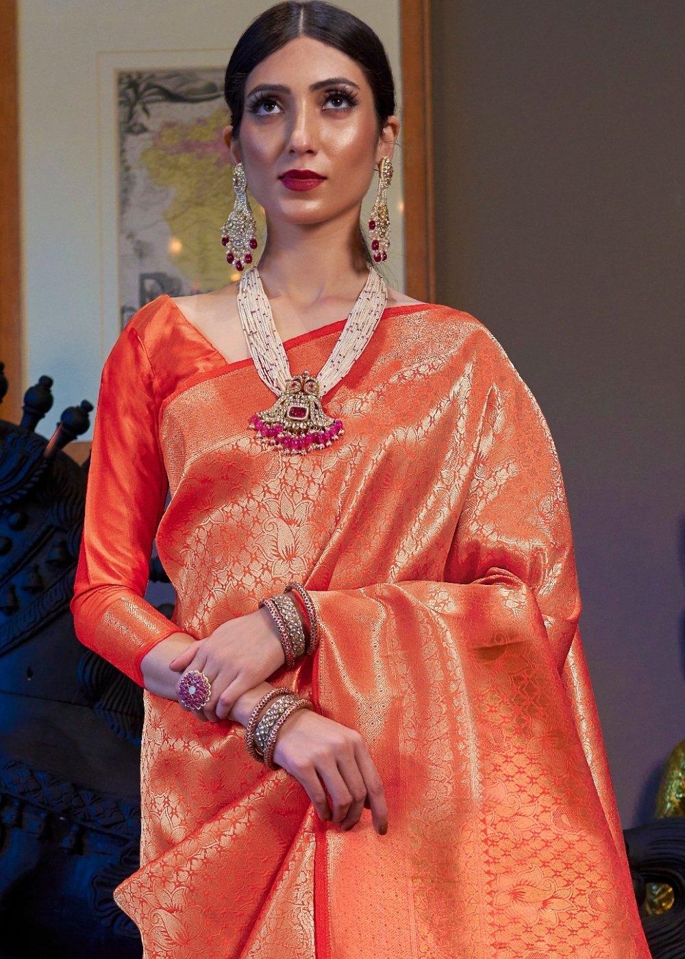 Golden Orange Kanjivaram Soft Woven Silk Saree | Stitched Blouse - qivii