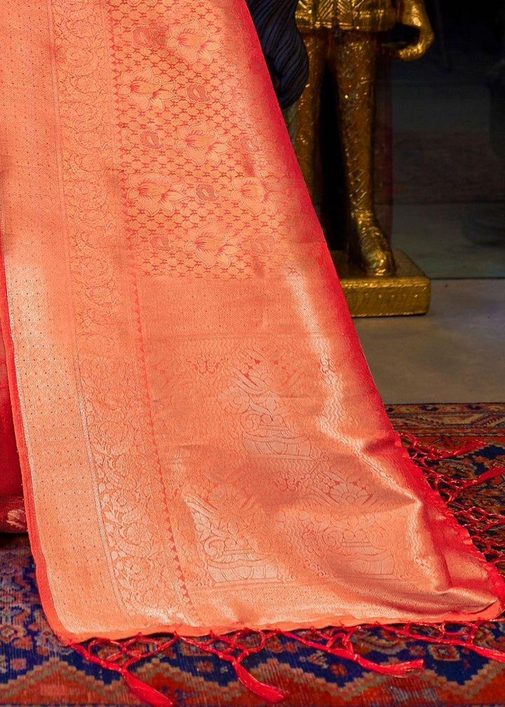 Golden Orange Kanjivaram Soft Woven Silk Saree | Stitched Blouse - qivii