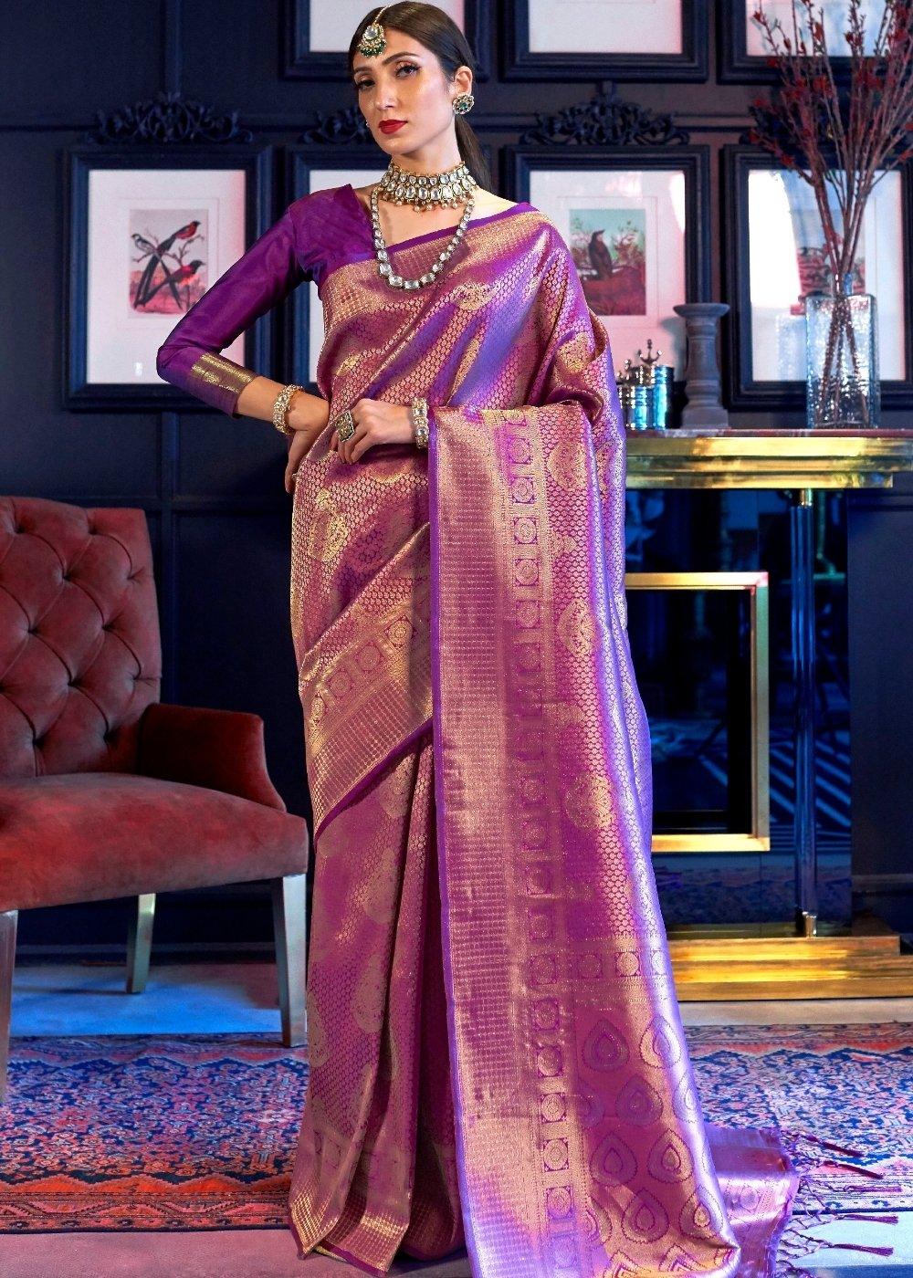 Golden Purple Kanjivaram Soft Woven Silk Saree : Top Pick | Stitched Blouse - qivii