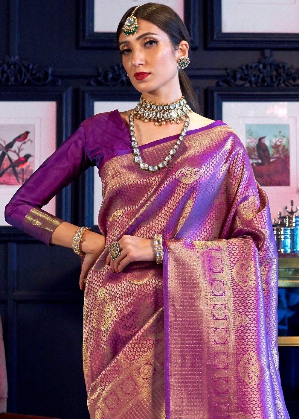 Golden Purple Kanjivaram Soft Woven Silk Saree : Top Pick | Stitched Blouse - qivii