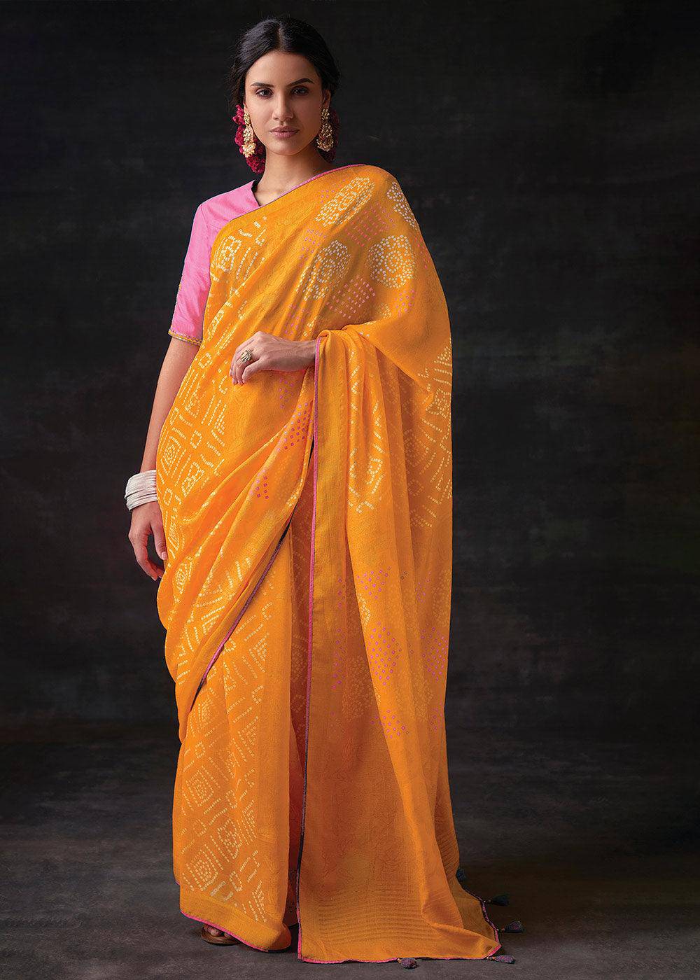 Golden Yellow Bandhani Print Soft Silk Saree with Contrast Blouse | Stitched Blouse - qivii