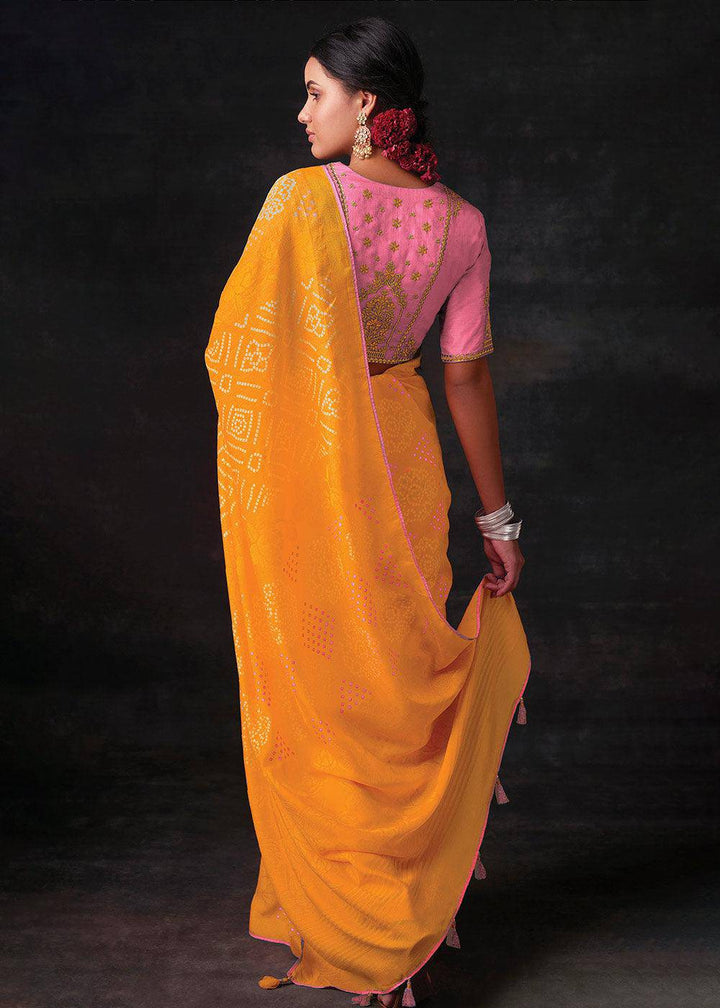 Golden Yellow Bandhani Print Soft Silk Saree with Contrast Blouse | Stitched Blouse - qivii