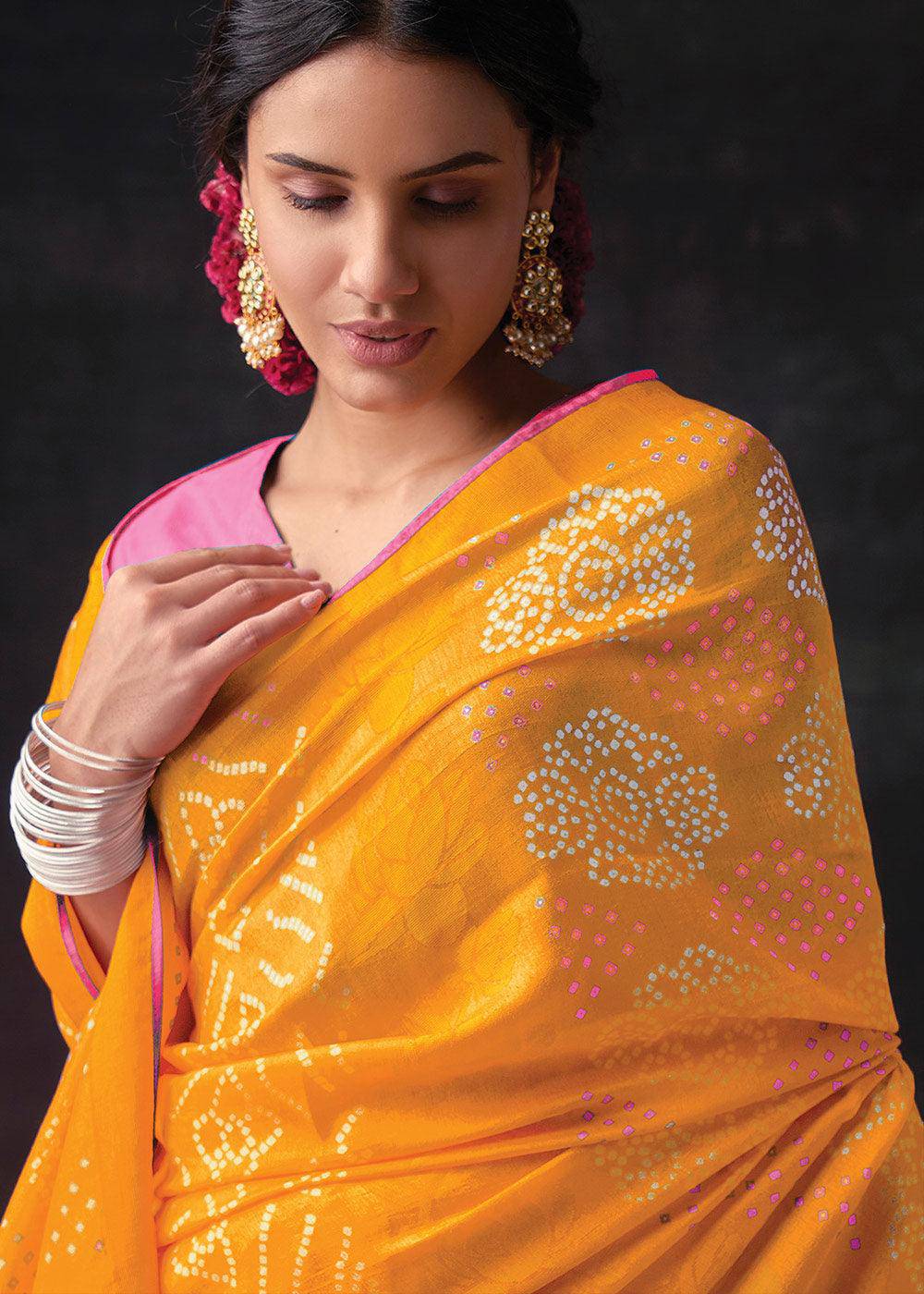 Golden Yellow Bandhani Print Soft Silk Saree with Contrast Blouse | Stitched Blouse - qivii