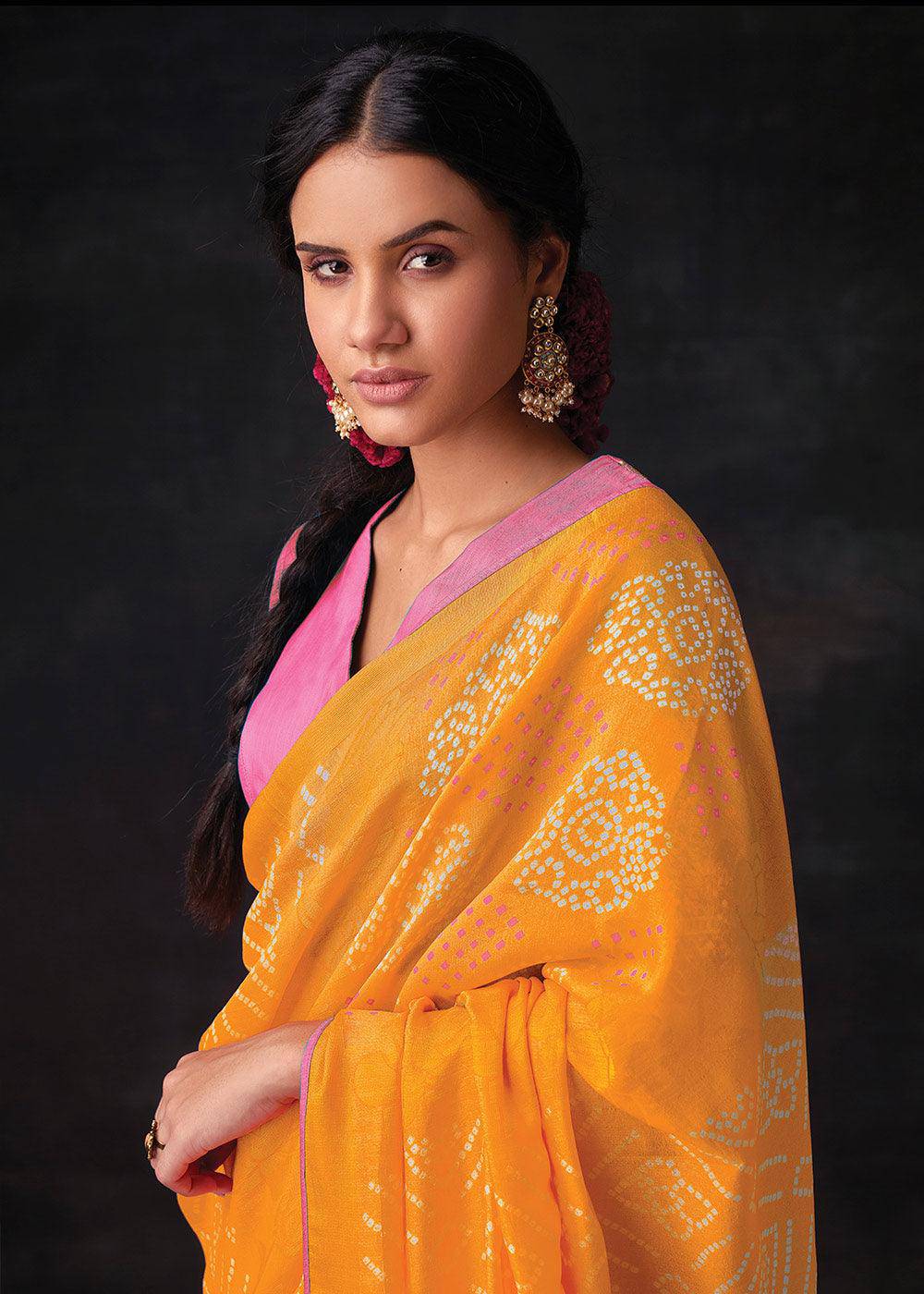 Golden Yellow Bandhani Print Soft Silk Saree with Contrast Blouse | Stitched Blouse - qivii