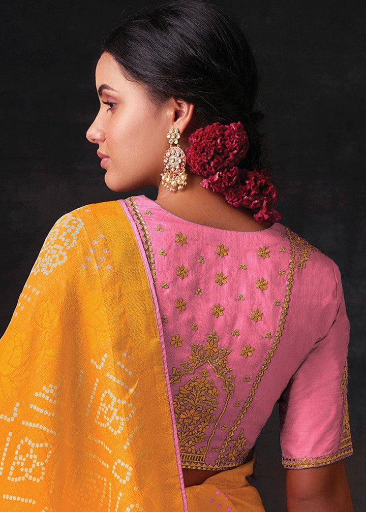 Golden Yellow Bandhani Print Soft Silk Saree with Contrast Blouse | Stitched Blouse - qivii