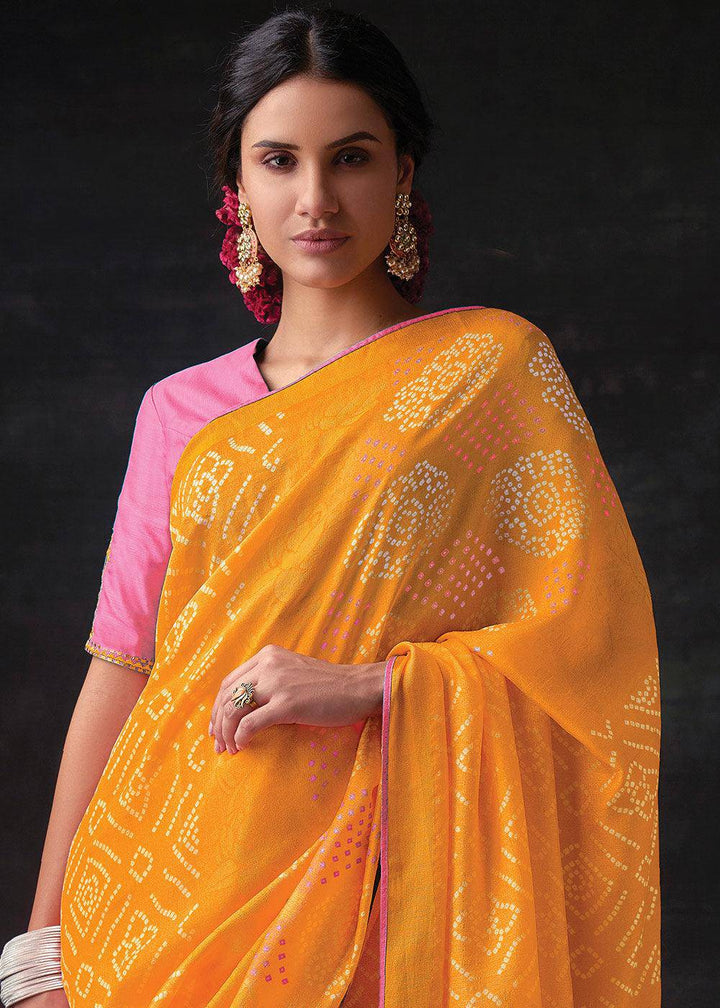 Golden Yellow Bandhani Print Soft Silk Saree with Contrast Blouse | Stitched Blouse - qivii