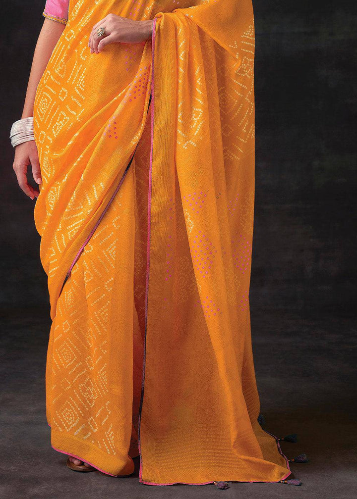 Golden Yellow Bandhani Print Soft Silk Saree with Contrast Blouse | Stitched Blouse - qivii