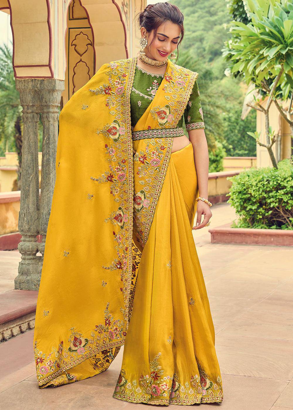 Golden Yellow Designer Organza Saree with Intricate Embroidery work | Stitched Blouse - qivii