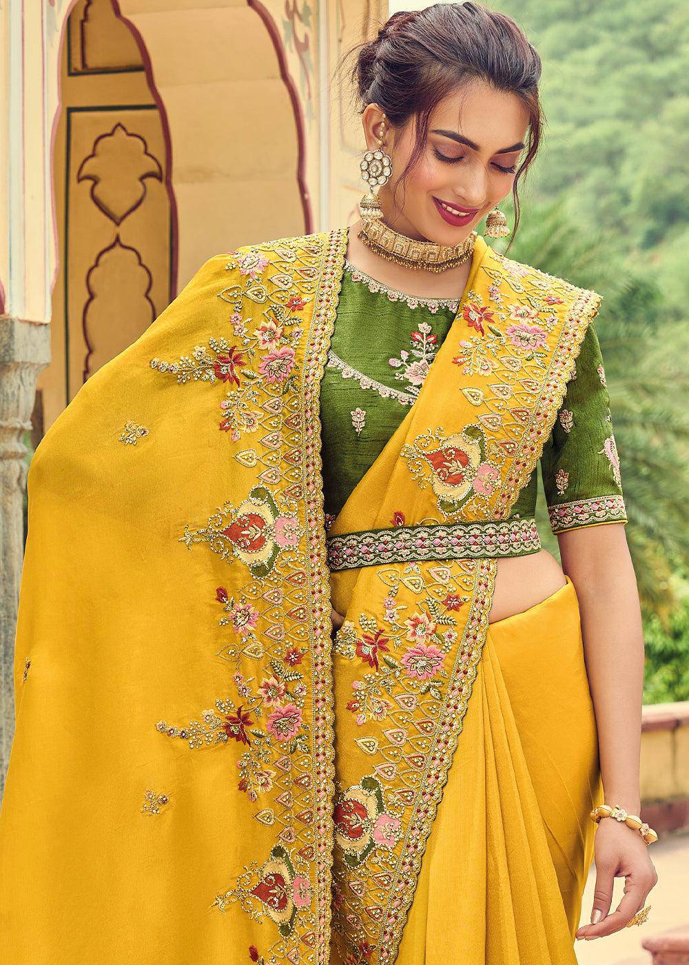 Golden Yellow Designer Organza Saree with Intricate Embroidery work | Stitched Blouse - qivii