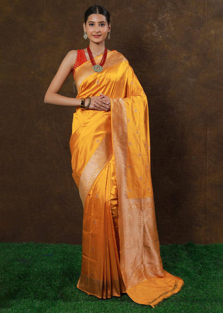 Golden Yellow Hand Woven Pure Katan Silk Saree | Stitched Blouse - qivii