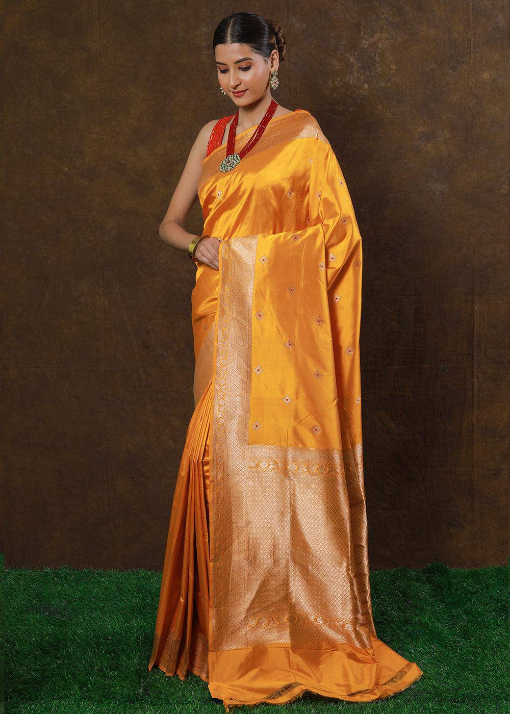 Golden Yellow Hand Woven Pure Katan Silk Saree | Stitched Blouse - qivii