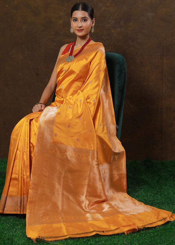 Golden Yellow Hand Woven Pure Katan Silk Saree | Stitched Blouse - qivii