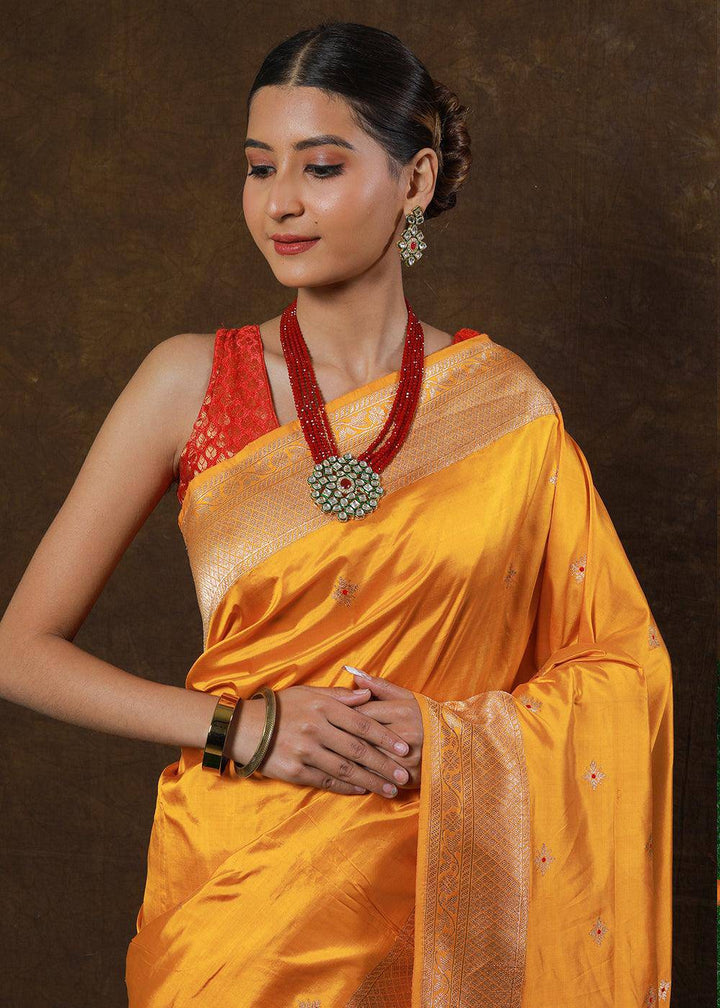 Golden Yellow Hand Woven Pure Katan Silk Saree | Stitched Blouse - qivii