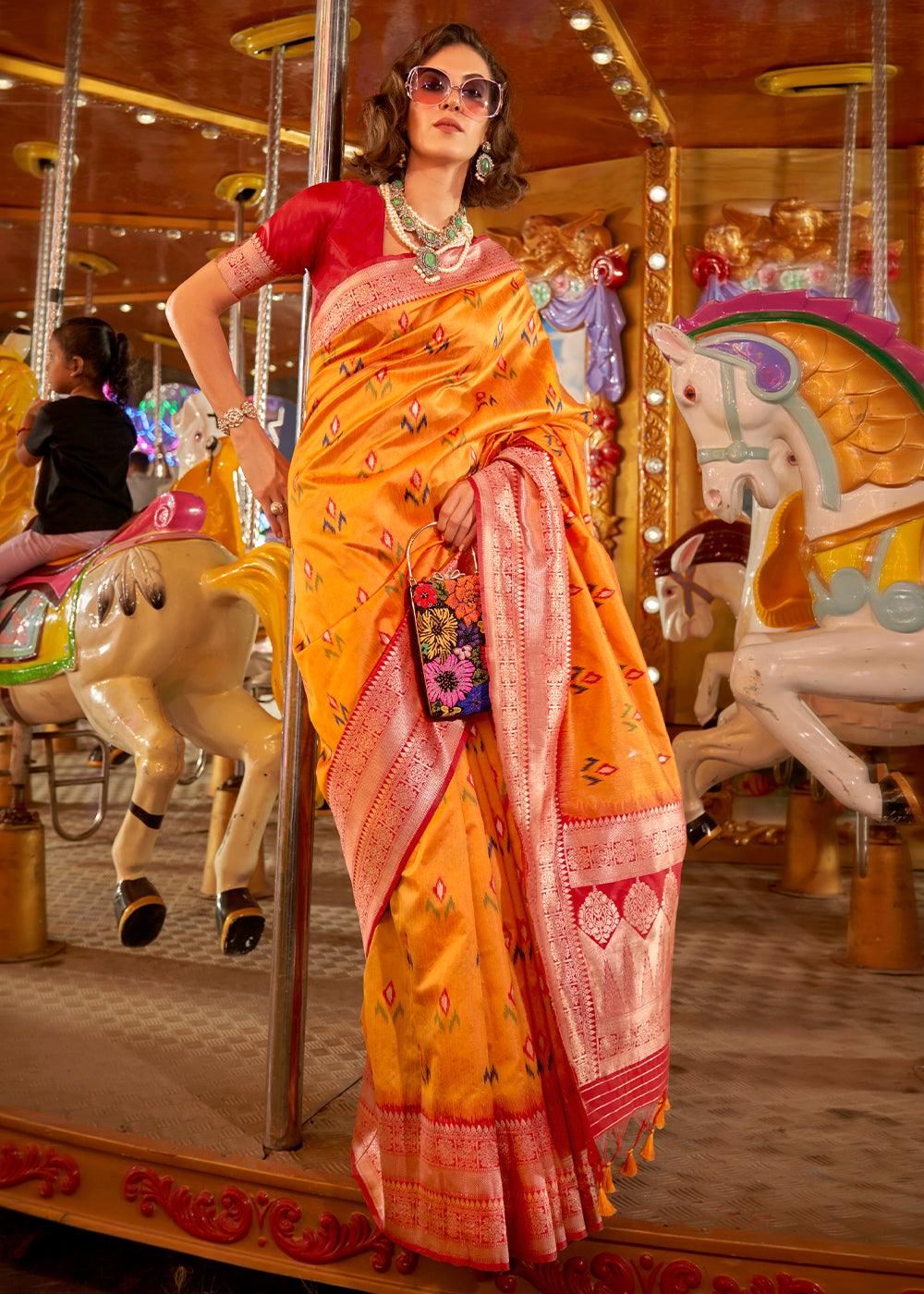 Golden Yellow Handloom Woven Banarasi Sik Saree - qivii