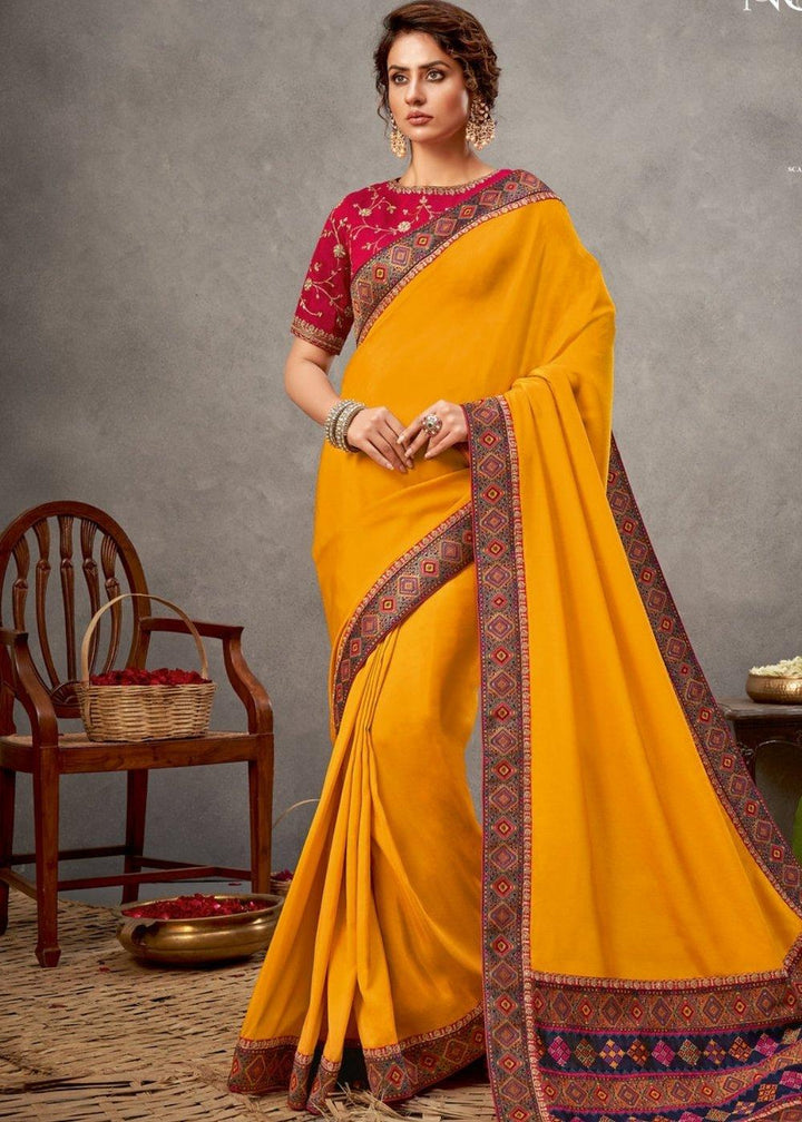 Golden Yellow Satin Silk Saree with Zari & Sequins Embroidery | Stitched Blouse - qivii