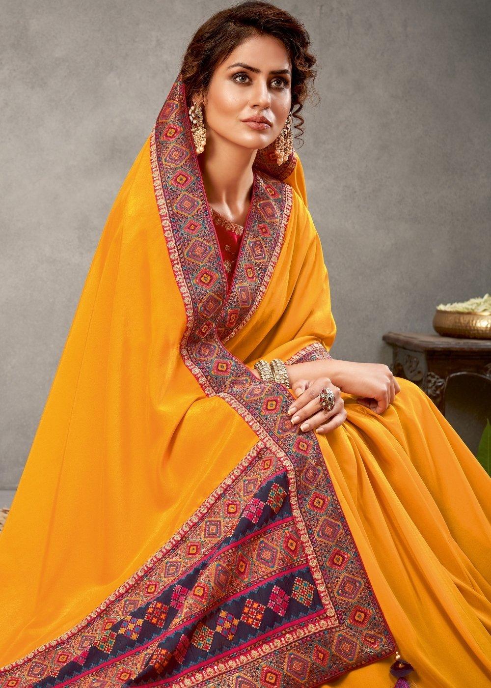 Golden Yellow Satin Silk Saree with Zari & Sequins Embroidery | Stitched Blouse - qivii