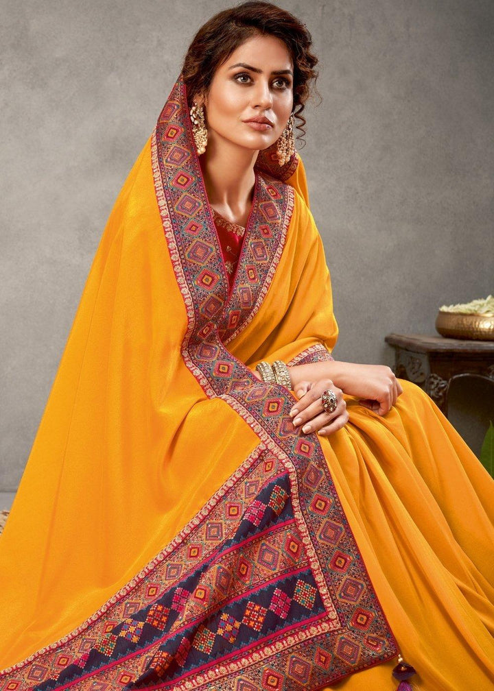 Golden Yellow Satin Silk Saree with Zari & Sequins Embroidery | Stitched Blouse - qivii