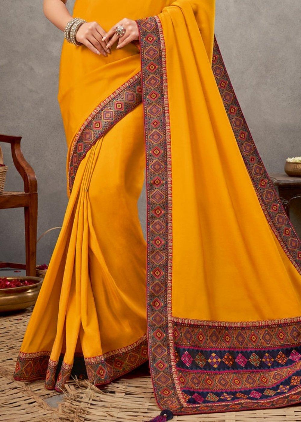 Golden Yellow Satin Silk Saree with Zari & Sequins Embroidery | Stitched Blouse - qivii