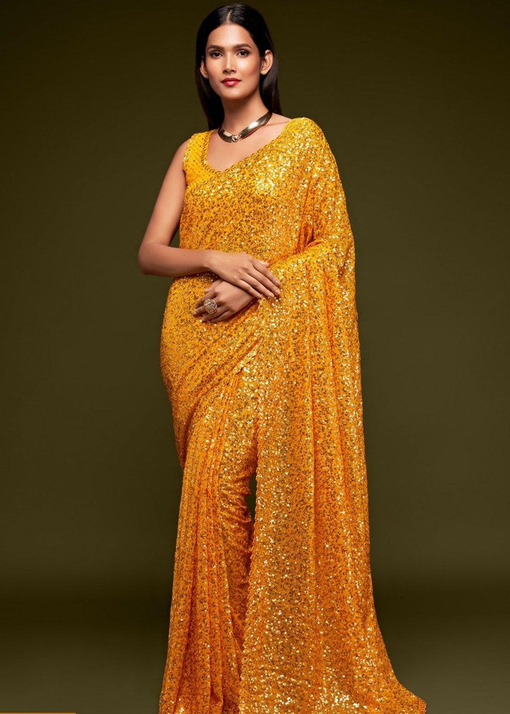 Golden Yellow Sequins & Thread Embroidered Designer Georgette Saree | Stitched Blouse - qivii