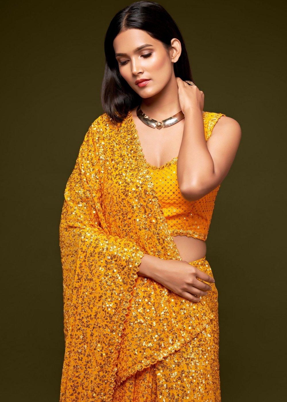 Golden Yellow Sequins & Thread Embroidered Designer Georgette Saree | Stitched Blouse - qivii