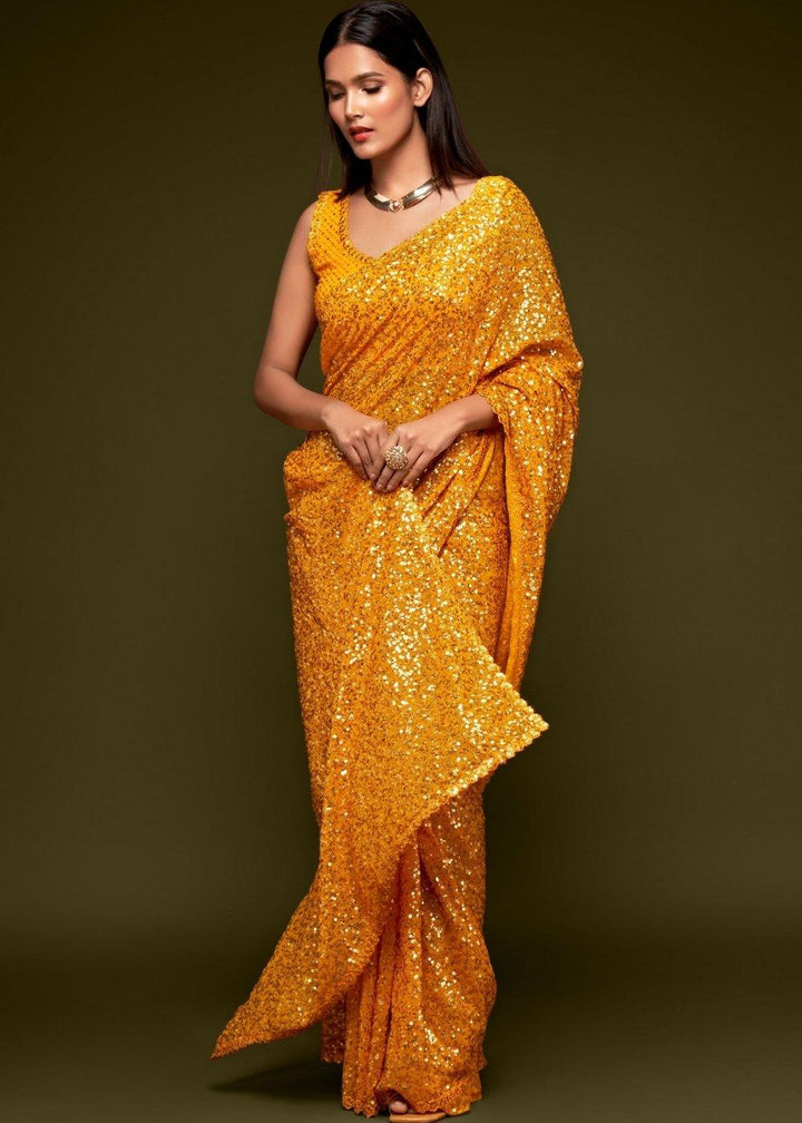 Golden Yellow Sequins & Thread Embroidered Designer Georgette Saree | Stitched Blouse - qivii