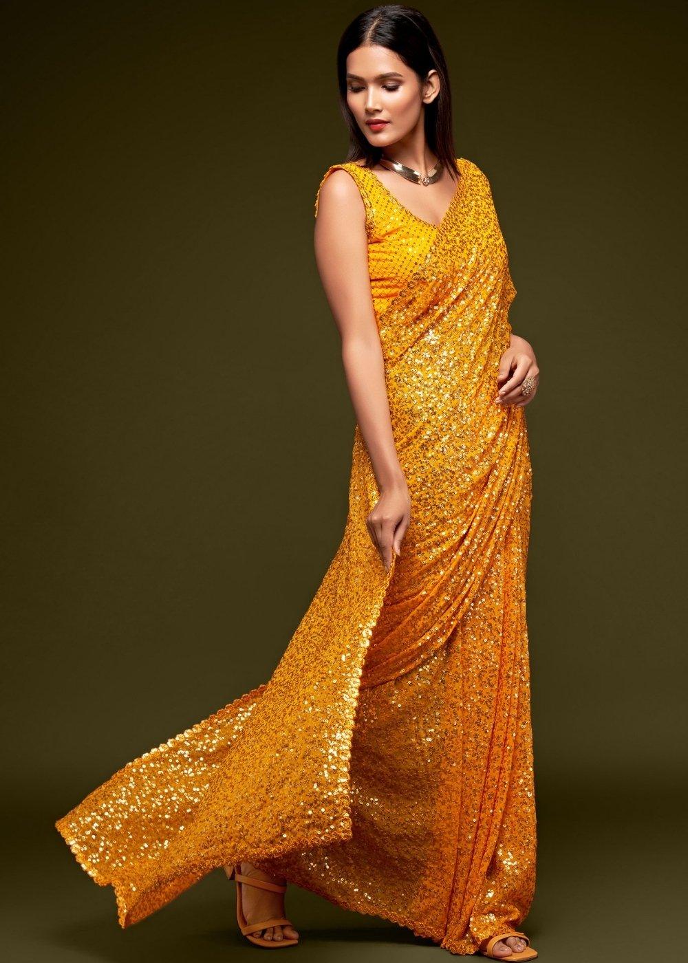 Golden Yellow Sequins & Thread Embroidered Designer Georgette Saree | Stitched Blouse - qivii