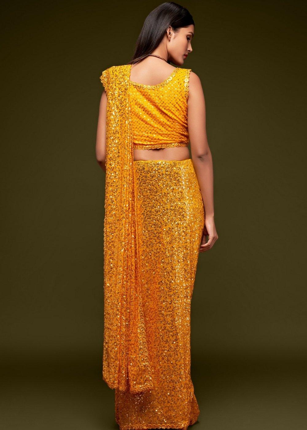 Golden Yellow Sequins & Thread Embroidered Designer Georgette Saree | Stitched Blouse - qivii