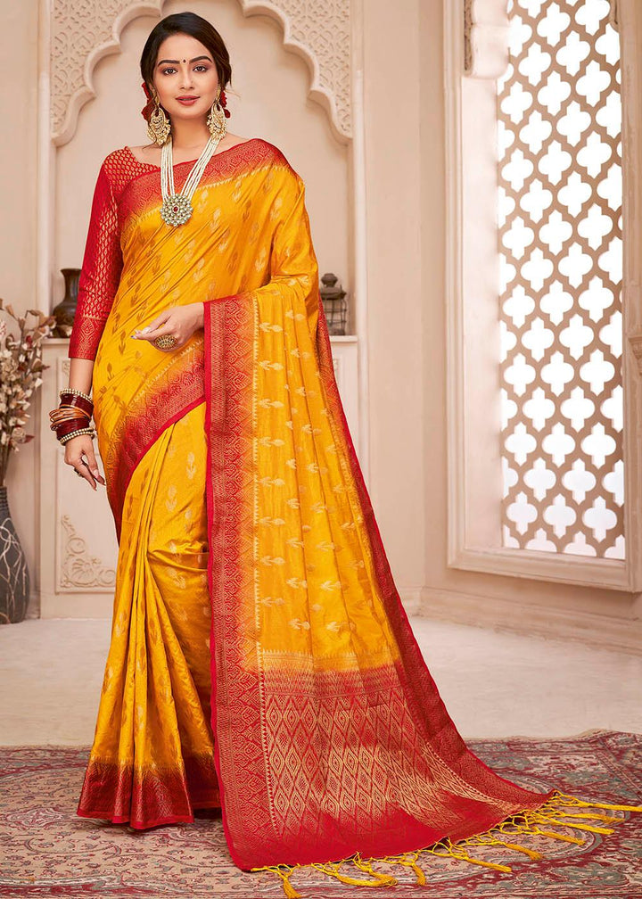 Golden Yellow Woven Banarasi Silk Saree with Overall Butti work | Stitched Blouse - qivii