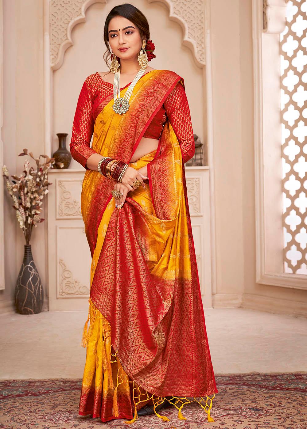 Golden Yellow Woven Banarasi Silk Saree with Overall Butti work | Stitched Blouse - qivii