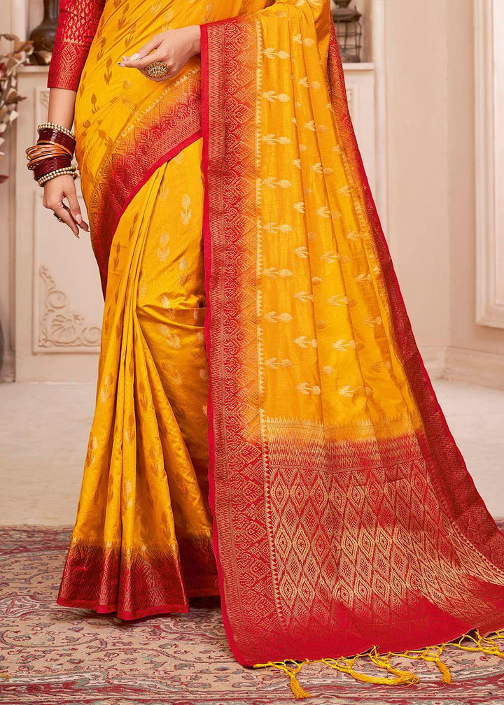 Golden Yellow Woven Banarasi Silk Saree with Overall Butti work | Stitched Blouse - qivii