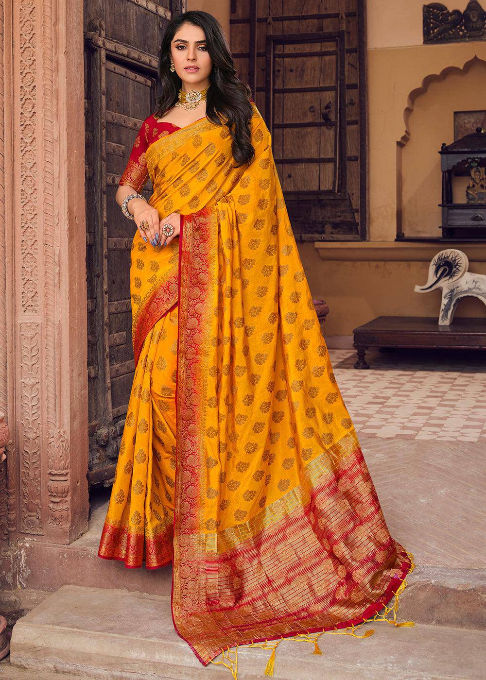 Golden Yellow Zari Butta Woven Raw Banarasi Silk Saree | Stitched Blouse - qivii