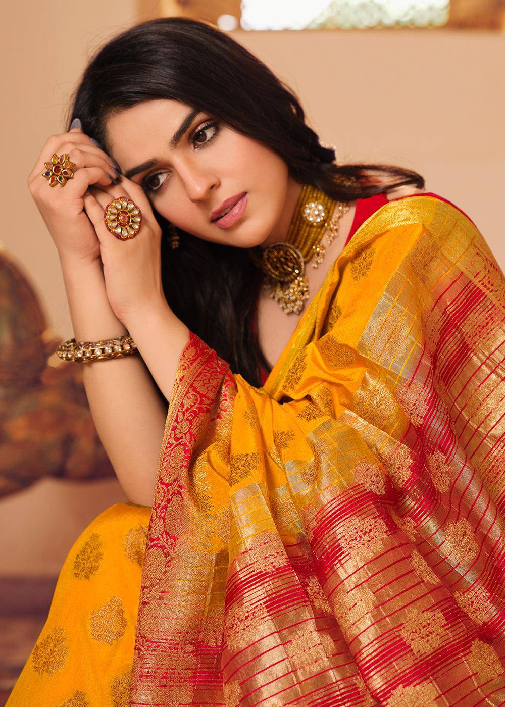 Golden Yellow Zari Butta Woven Raw Banarasi Silk Saree | Stitched Blouse - qivii