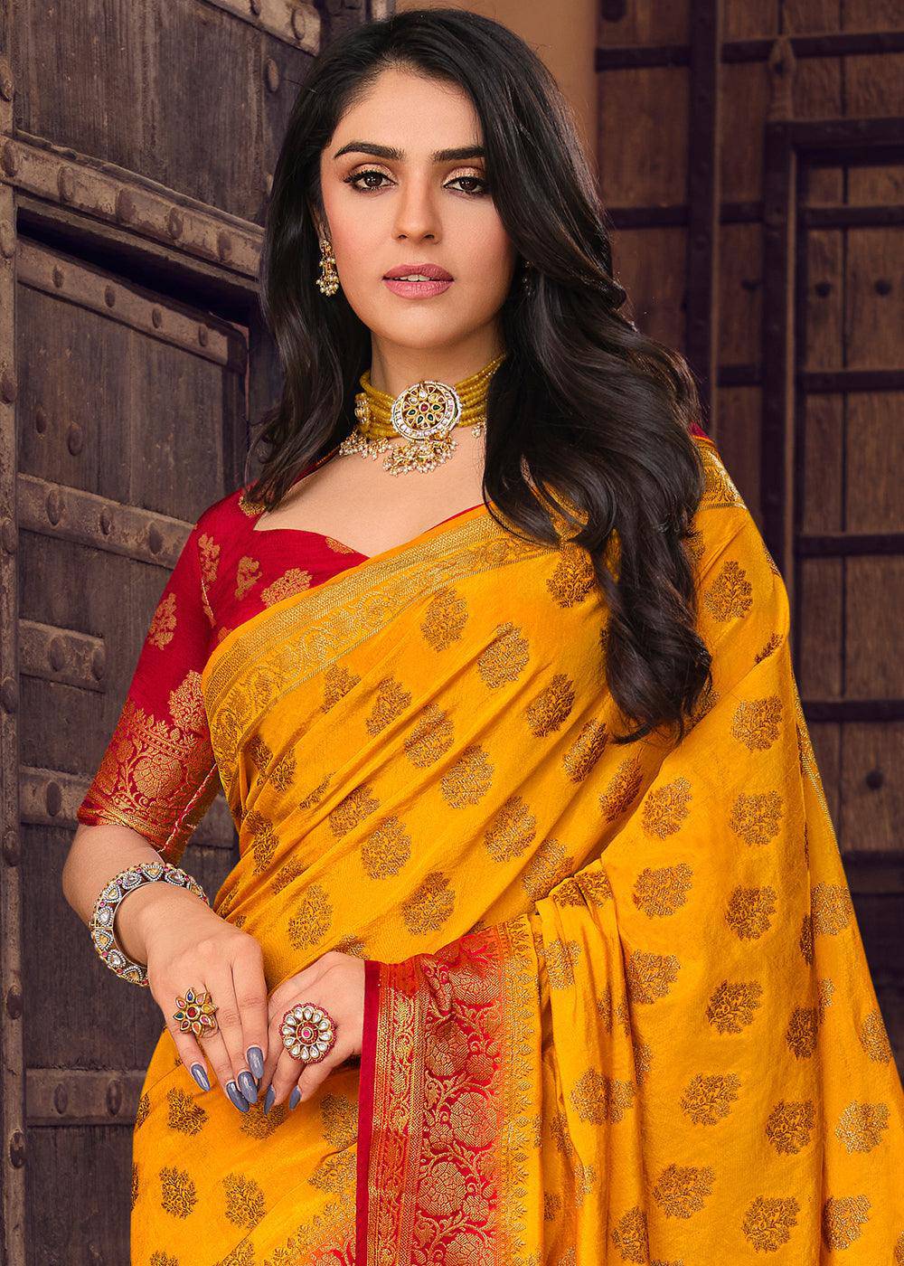 Golden Yellow Zari Butta Woven Raw Banarasi Silk Saree | Stitched Blouse - qivii