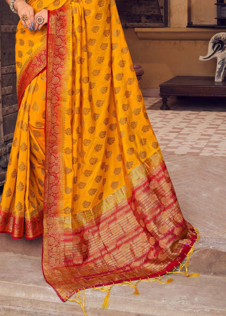 Golden Yellow Zari Butta Woven Raw Banarasi Silk Saree | Stitched Blouse - qivii