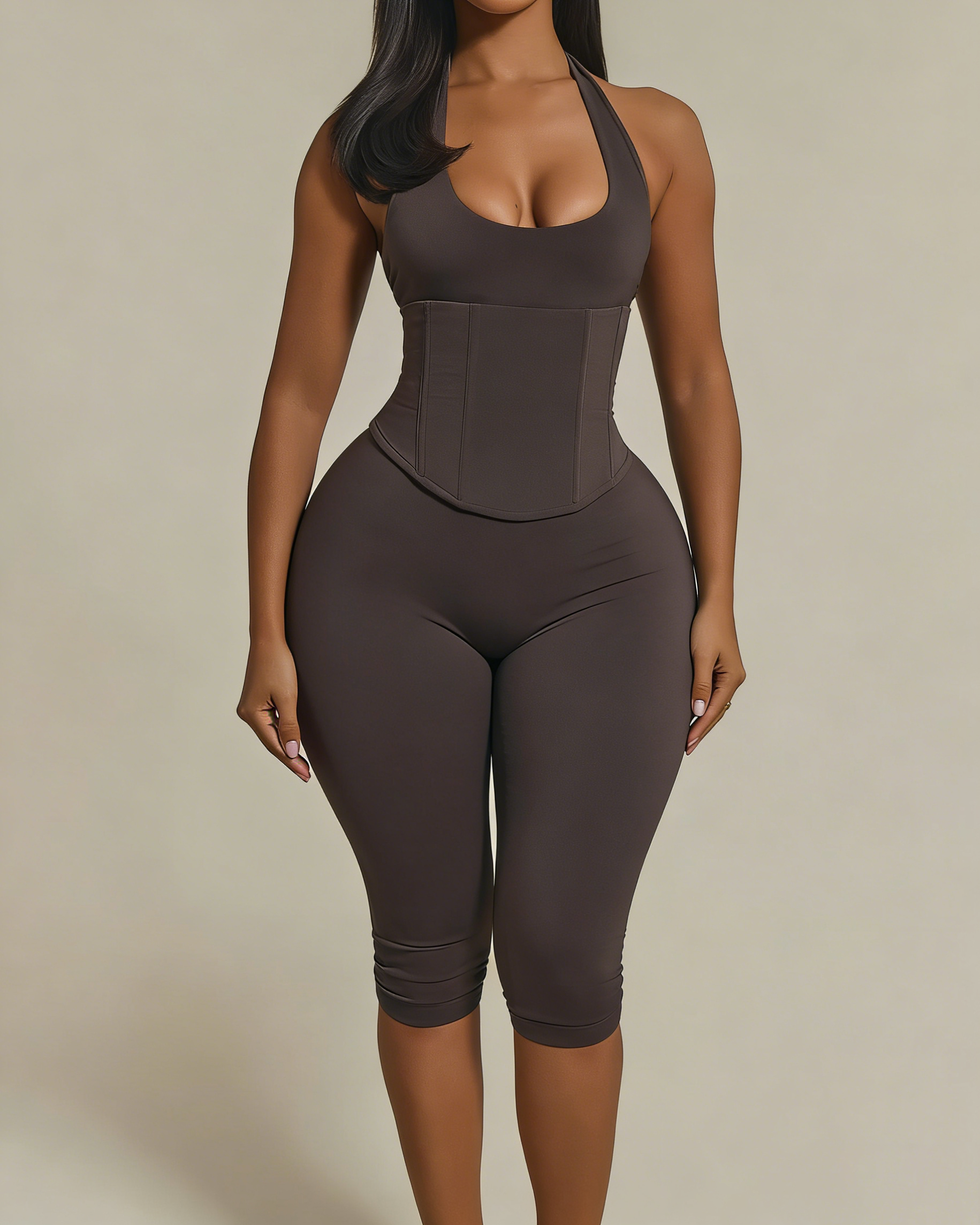 Hourglass Figure The Corset Body Shaper Waist Cincher Capri Jumpsuit Two-Piece Set  - By Qivii