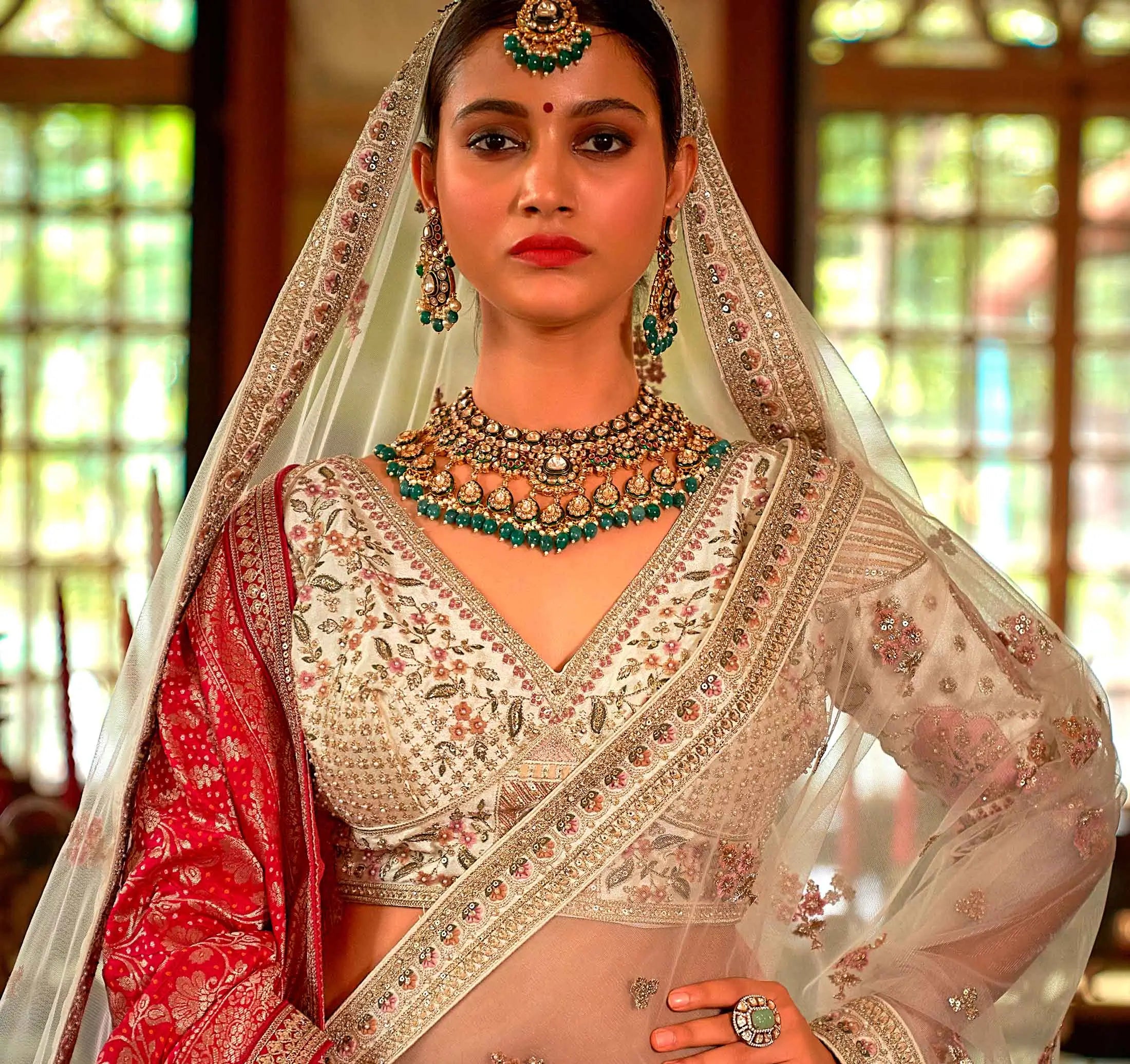 Beige Bridal Lehenga With Heavy Embroidery & Pearl Work - qivii