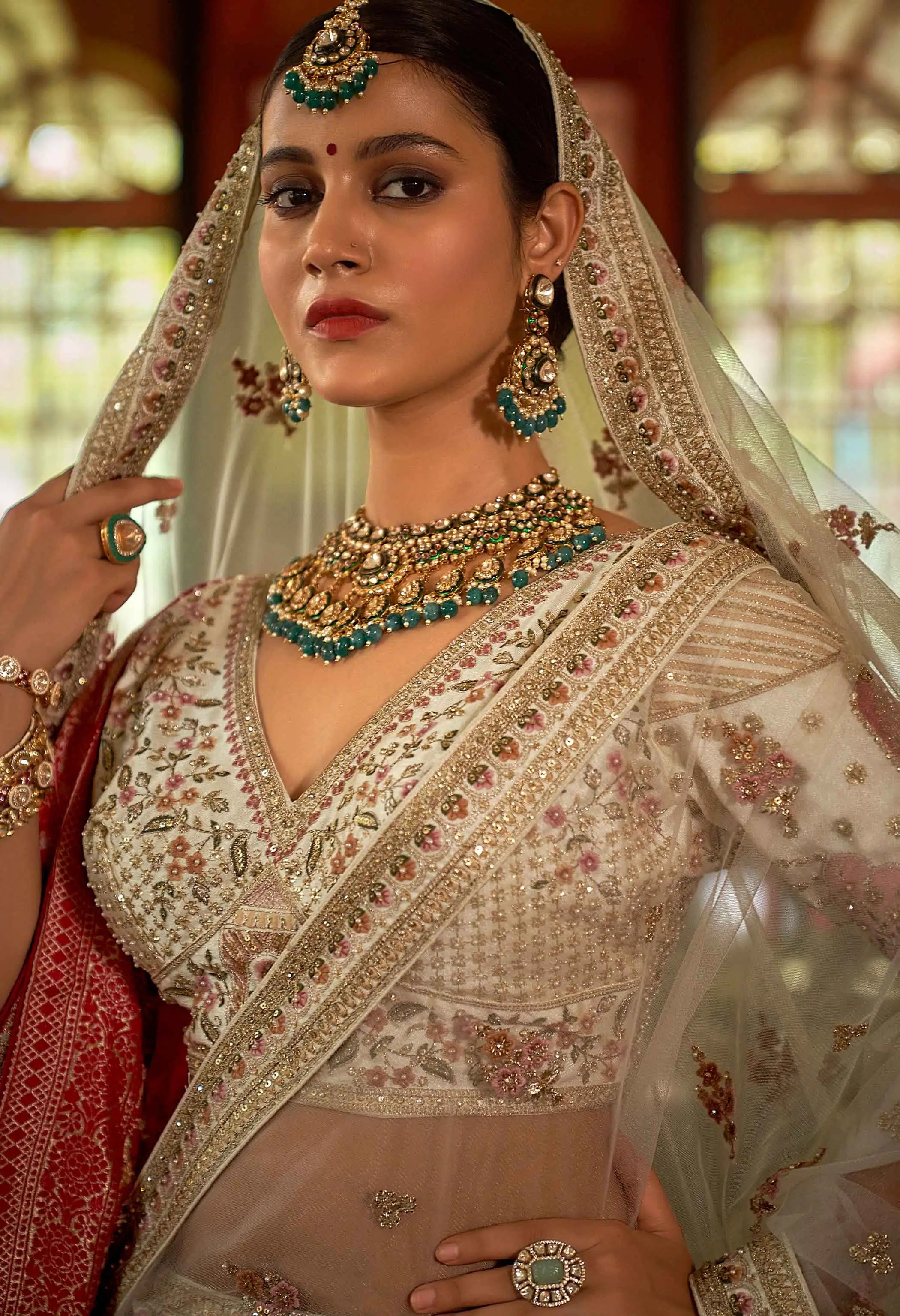 Beige Bridal Lehenga With Heavy Embroidery & Pearl Work - qivii