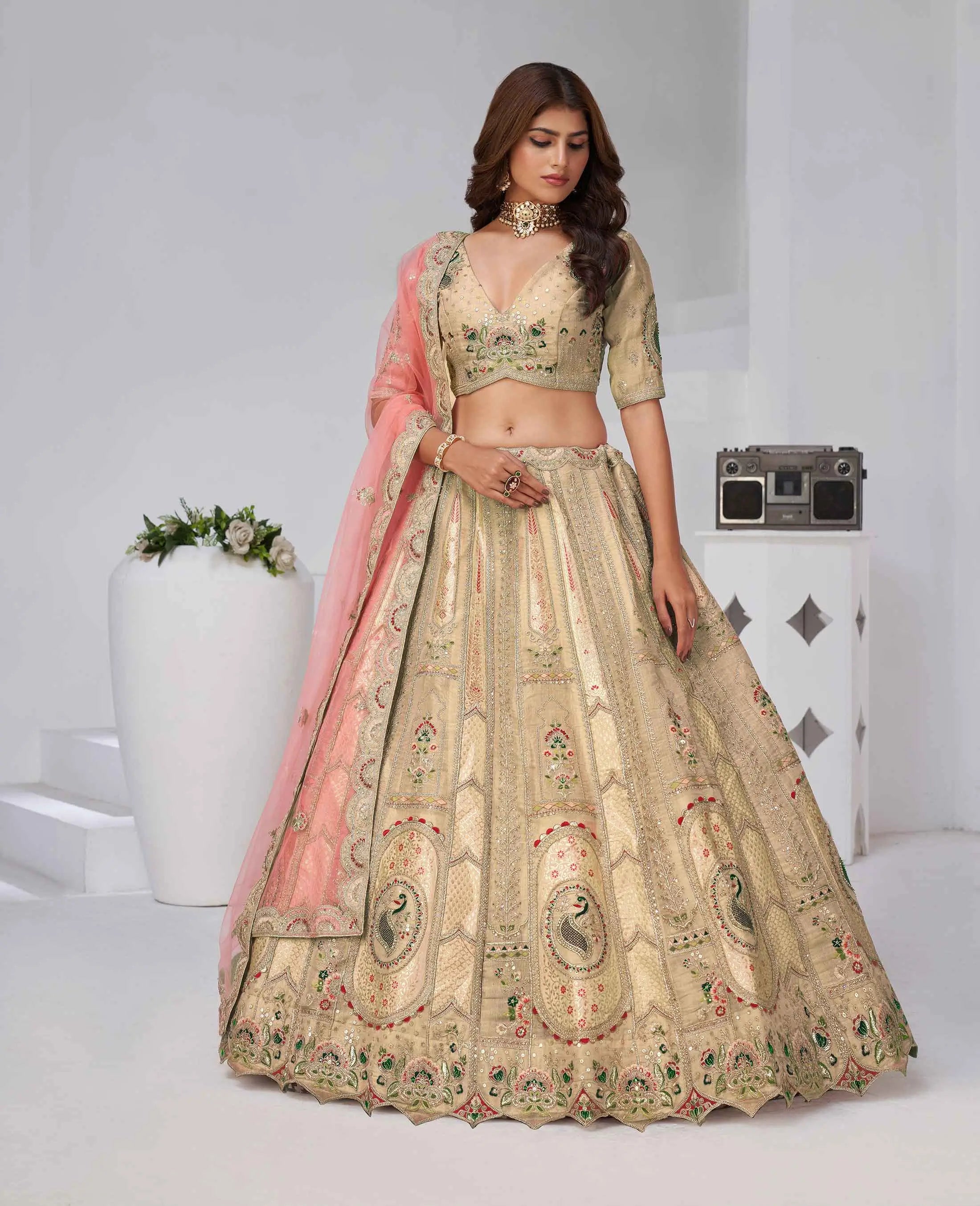 Beige Silk Lehenga With Zari Resham Sequins Work - qivii