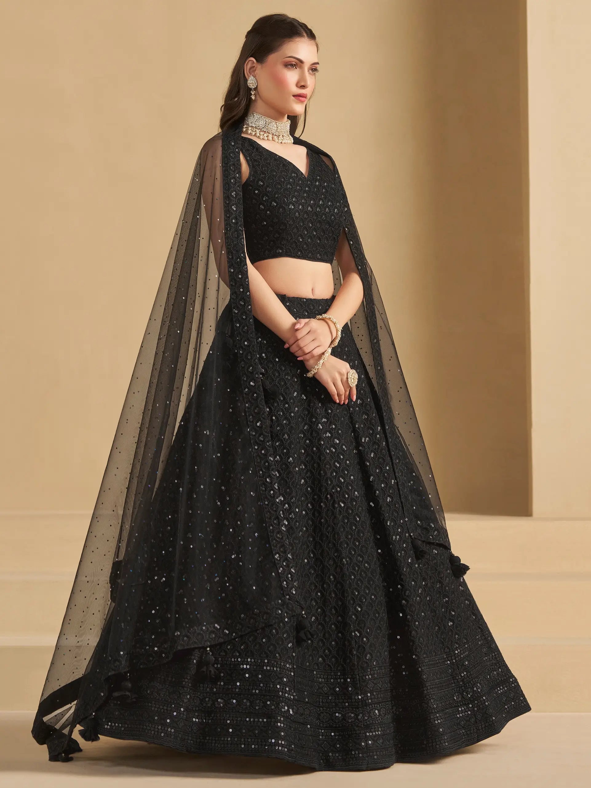 Black Party Wear Lehenga With Sequins Embroidery Work And Dupatta - qivii