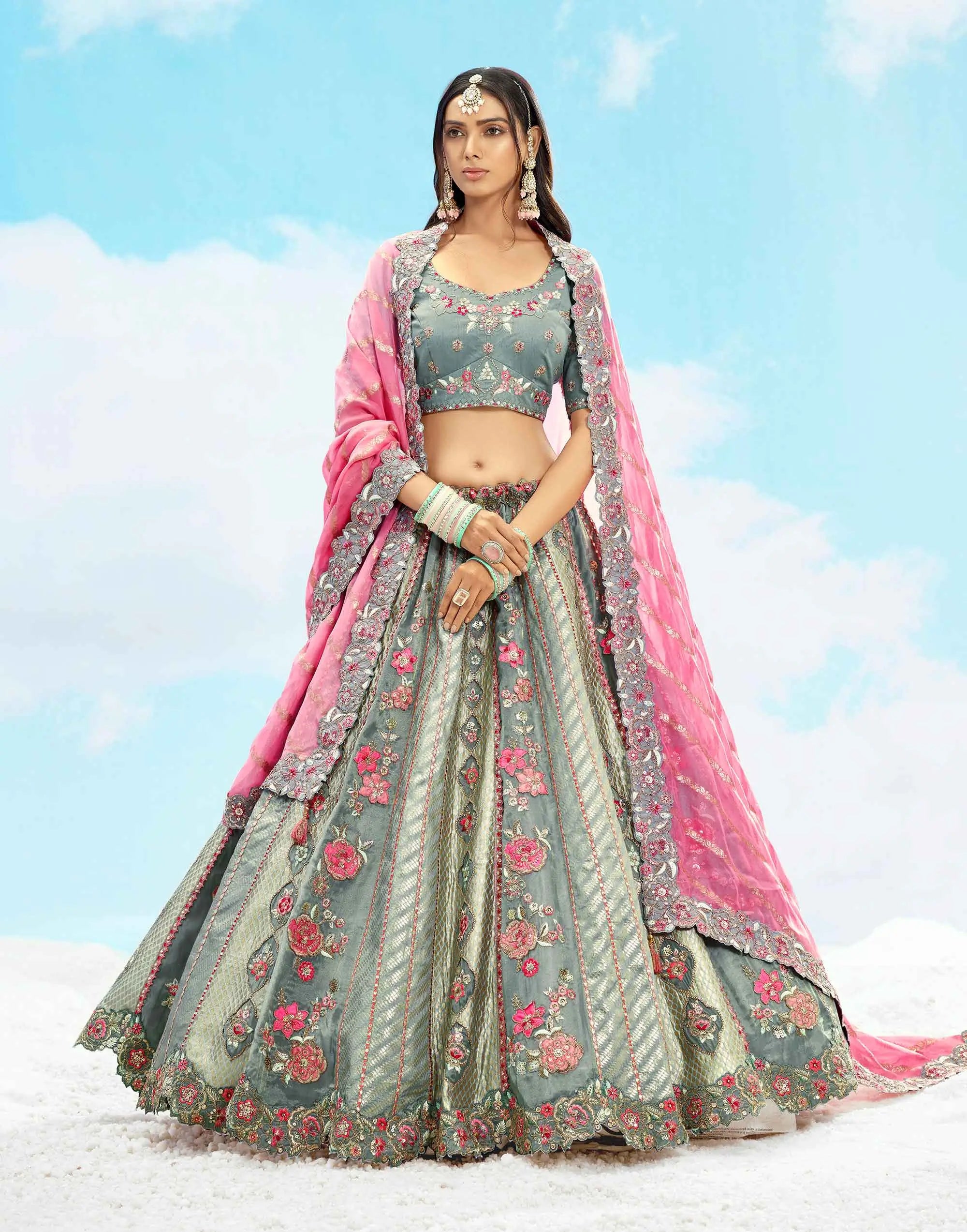 Bluish Grey Designer Floral Embroidery Work Bridal Lehenga - qivii