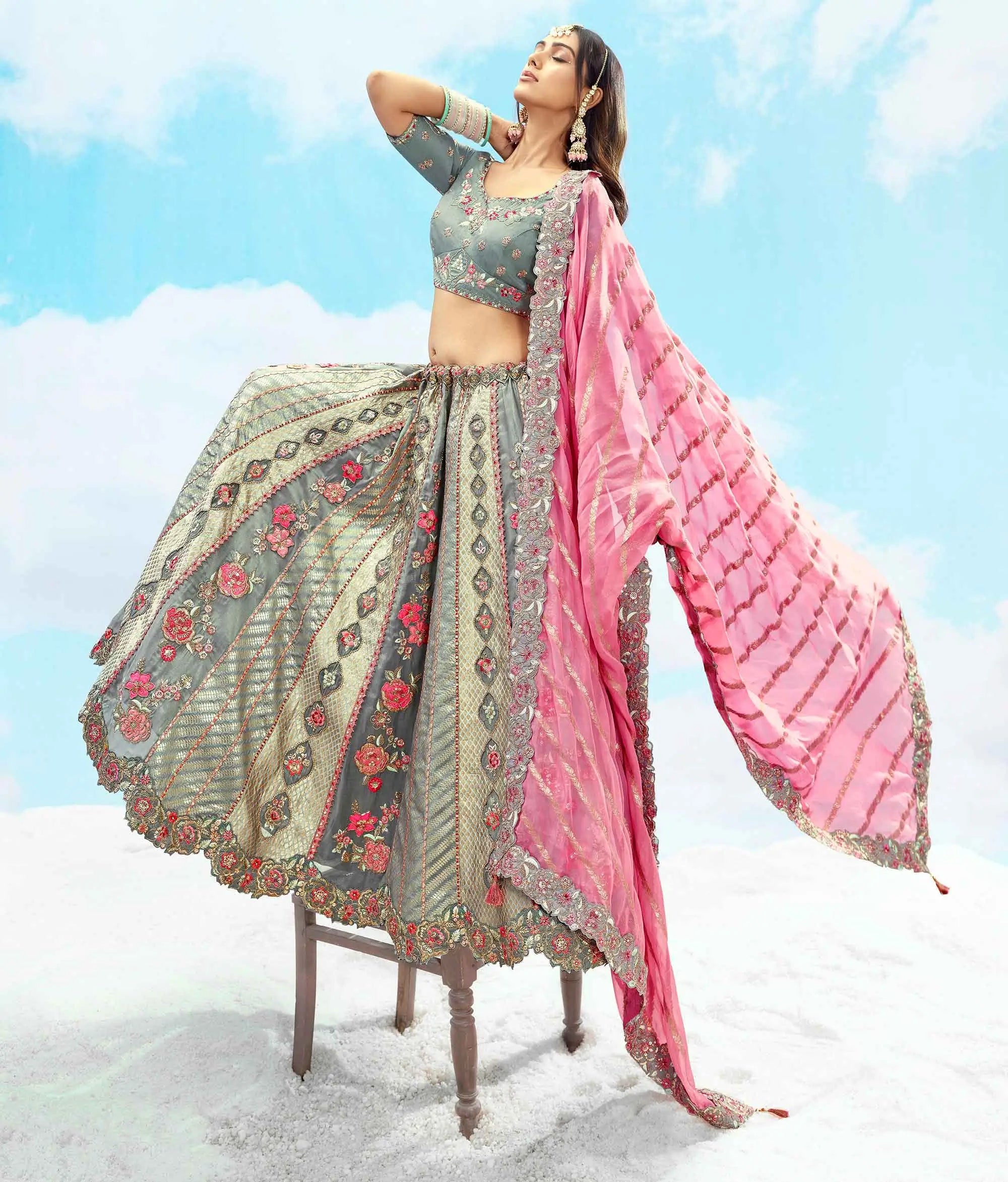 Bluish Grey Designer Floral Embroidery Work Bridal Lehenga - qivii