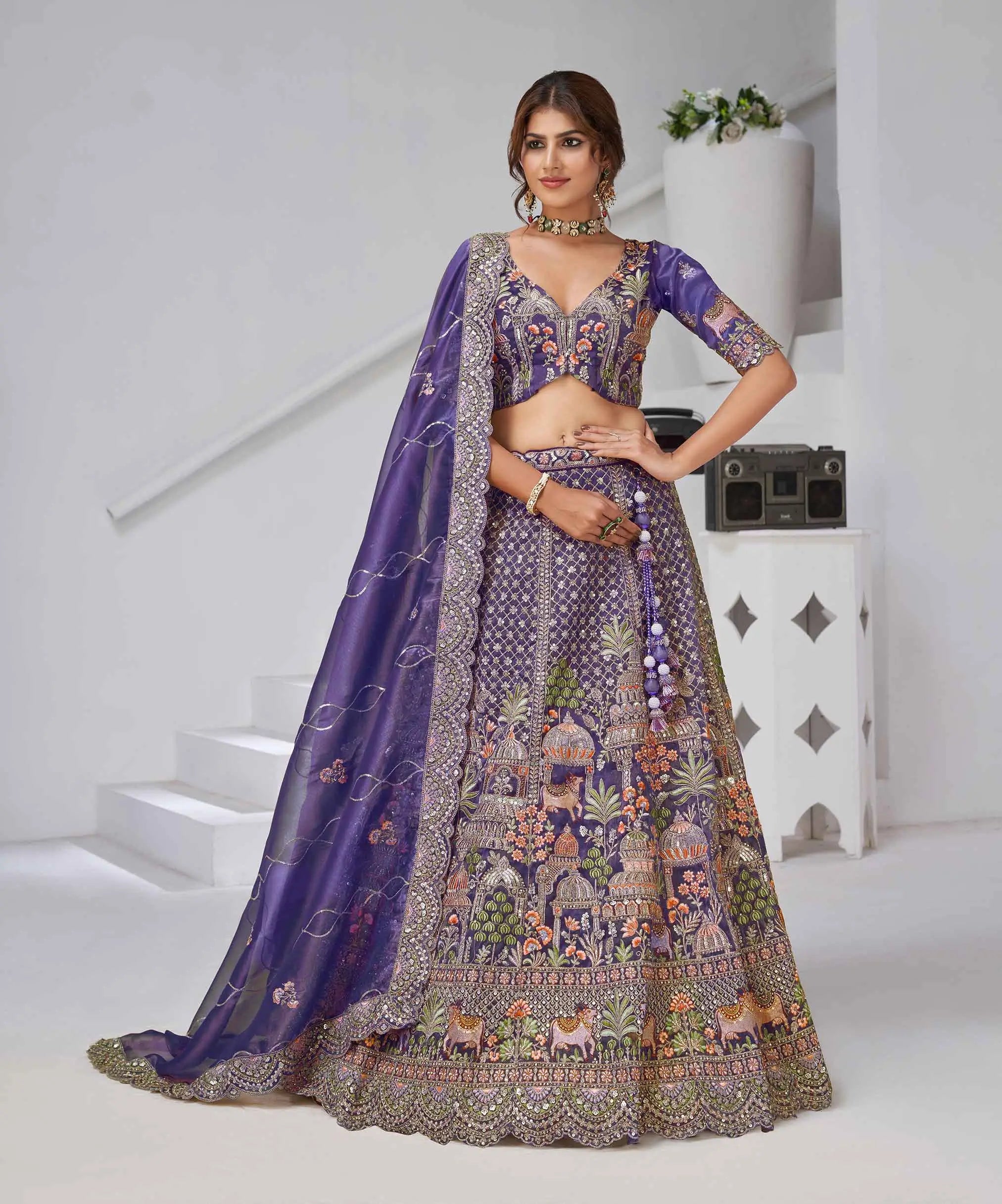 Bluish Purple Bridal Lehenga With Temple & Cow Motifs - qivii