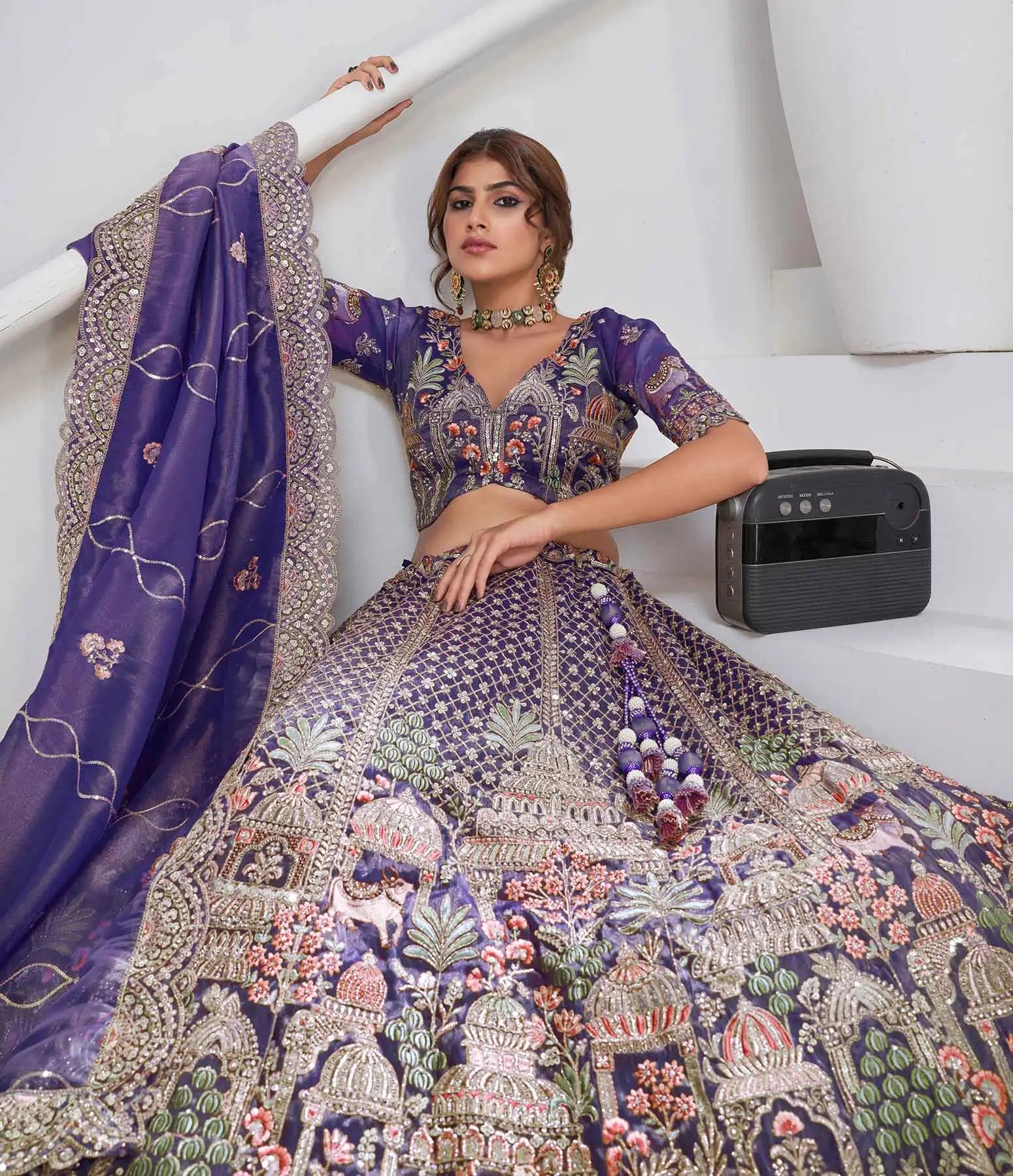 Bluish Purple Bridal Lehenga With Temple & Cow Motifs - qivii