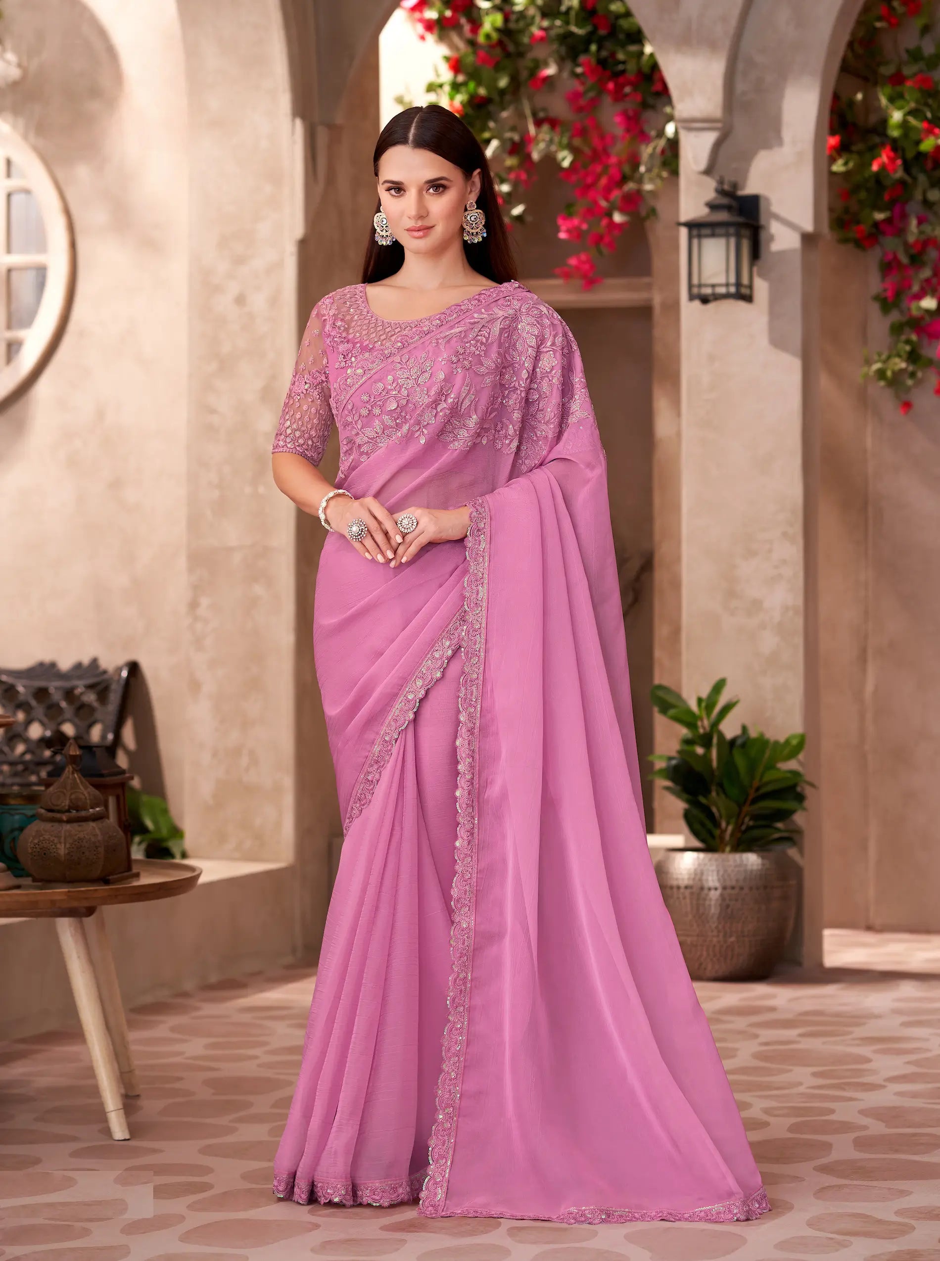 Blush Pink Chiffon Silk Embroidery Work Saree - qivii