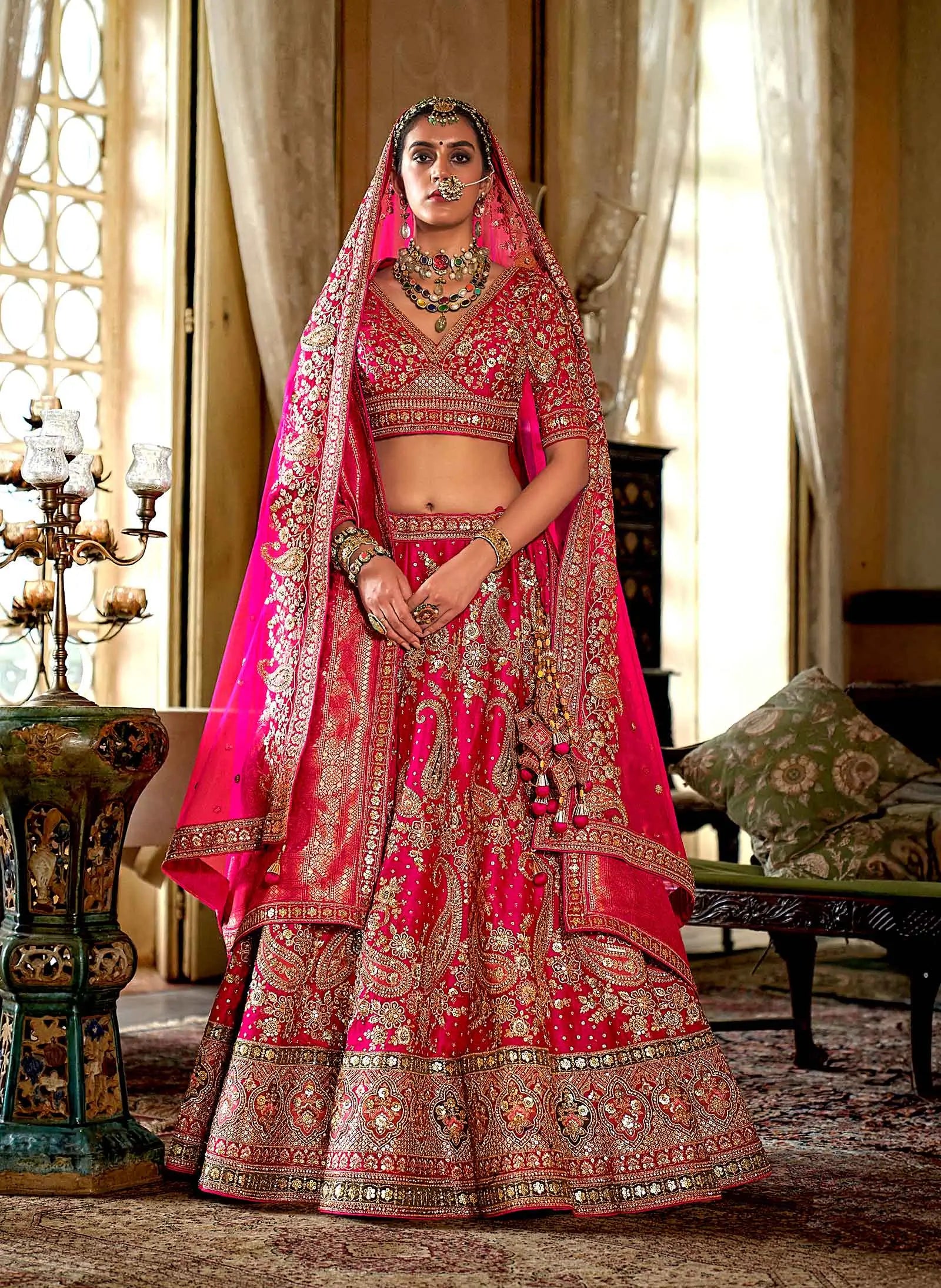 Bridal Pink Heavy Embroidery & Pearl Work Lehenga - qivii