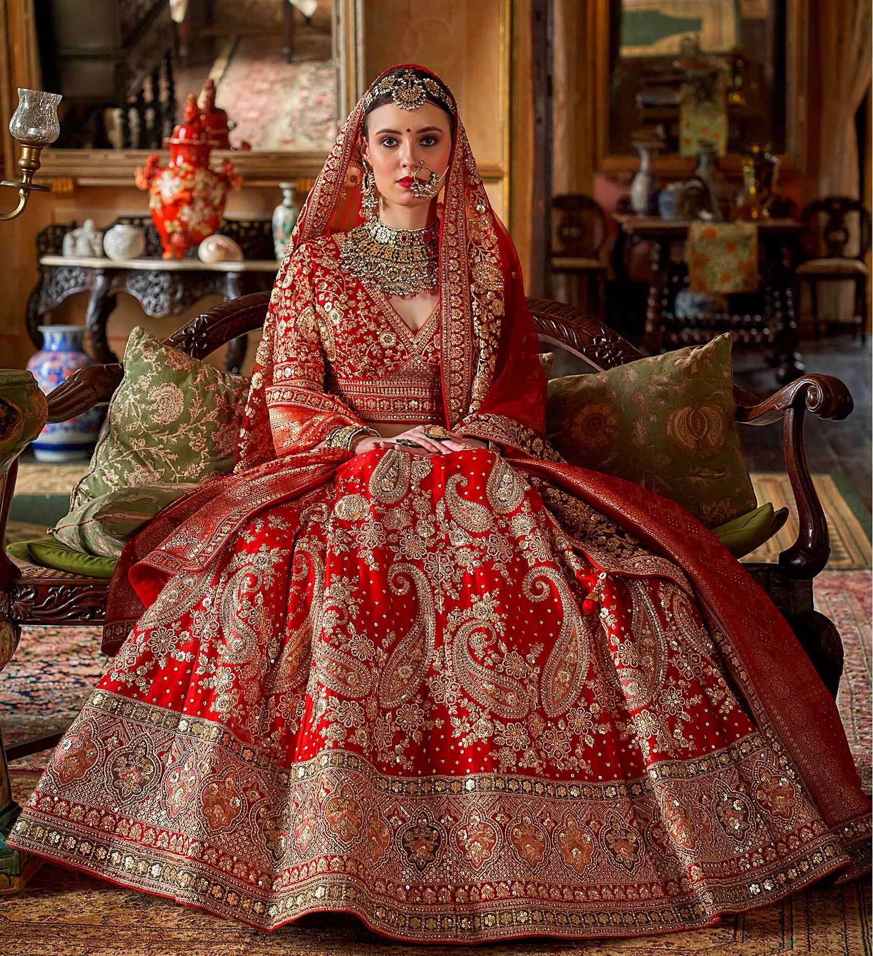 Bridal Red Heavy Embroidery & Pearl Work Lehenga - qivii
