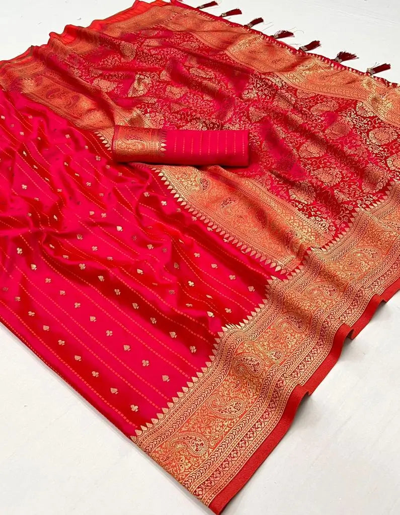 Bright Red Satin Zari Handloom Weaving Silk Saree - qivii