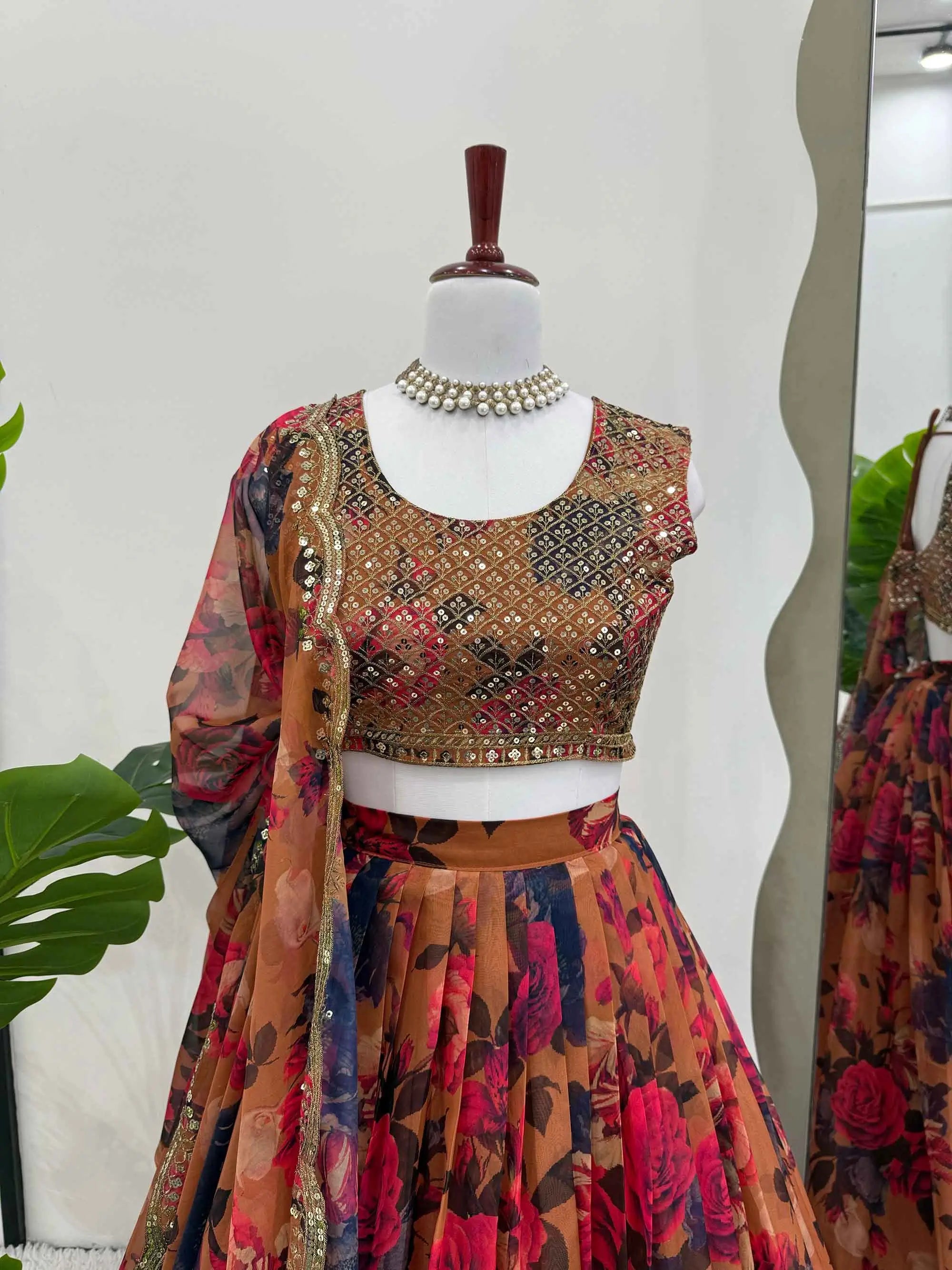 Brownish Yellow Floral Print With Embroidery Work Lehenga And Dupatta - qivii