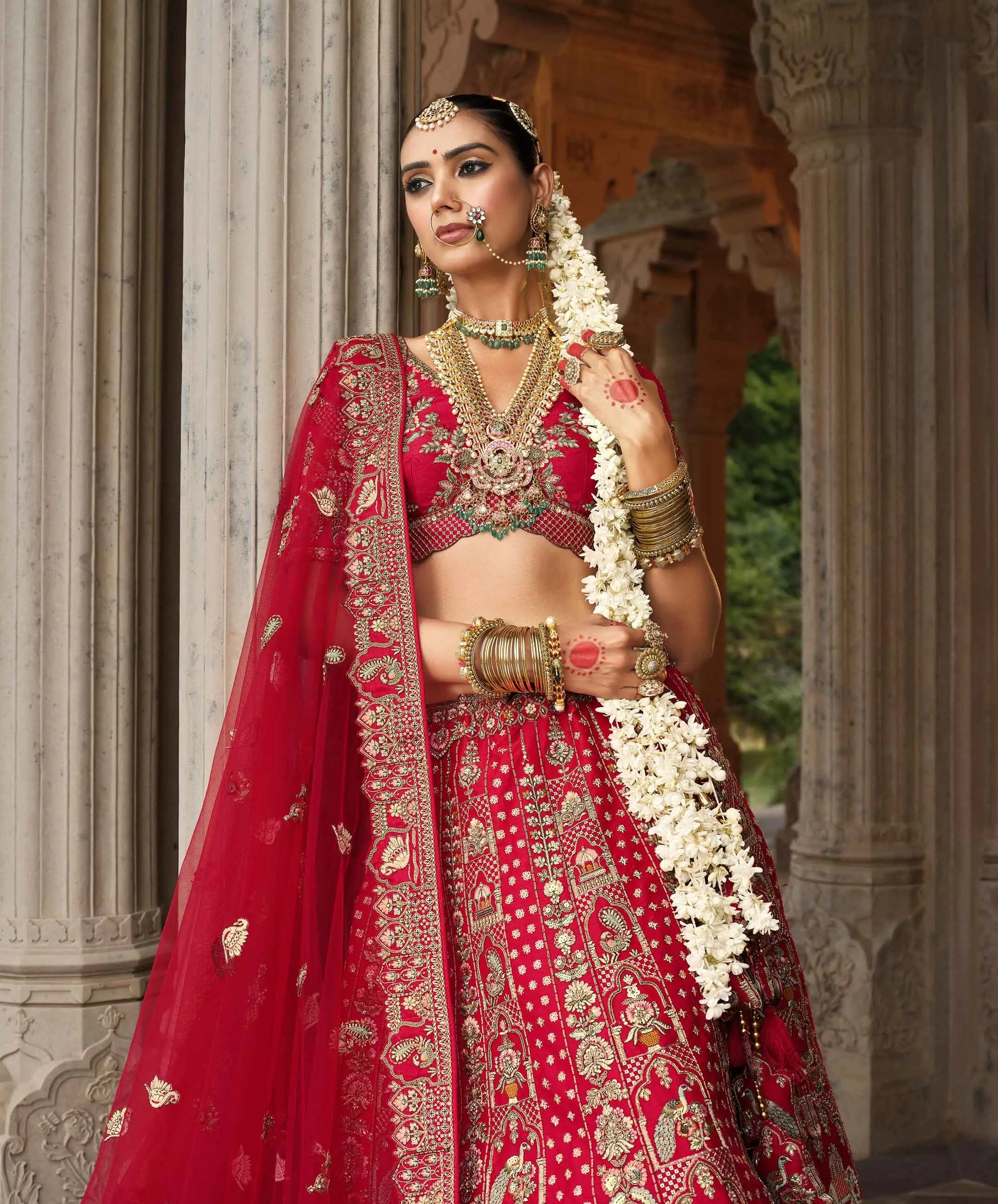 Cornel Red Bridal Lehenga Khatli Embroidery & 2 Dupatta - qivii