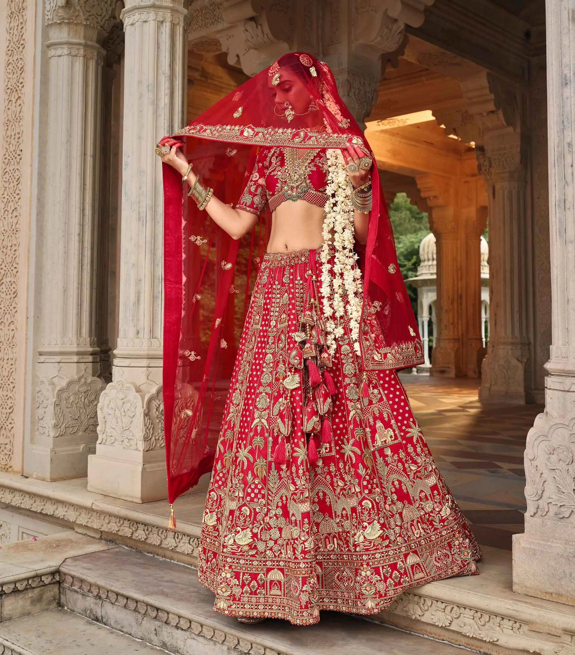 Cornel Red Bridal Lehenga Khatli Embroidery & 2 Dupatta - qivii